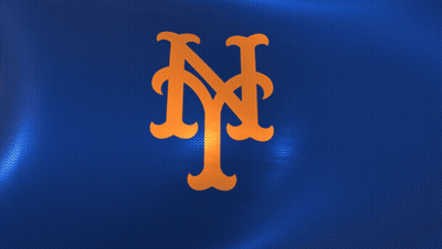 The Logo For The New York Mets Is Shown On A Blue Background GIF