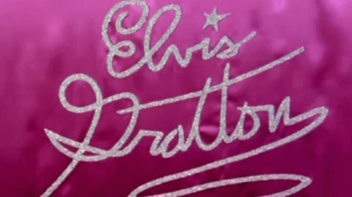 The Name Elvis Is Written In Silver On A Pink Cloth GIF