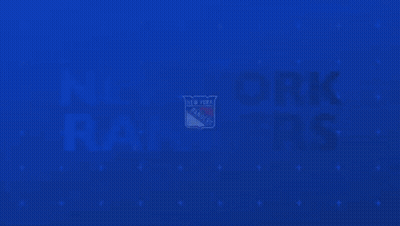 The New York Rangers Logo Is On A Blue Background With Red And White Letters GIF