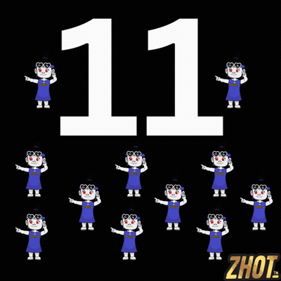 The Number 11 Is On A Black Background With A Bunch Of Cartoon Characters GIF