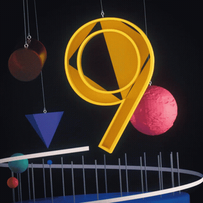 The Number 9 Is Surrounded By Geometric Shapes And Balls GIF