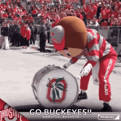 The Ohio State Mascot Is Playing A Drum In Front Of A Crowd . GIF
