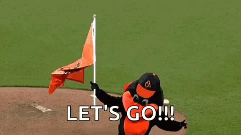 The Orioles Mascot Is Holding An Orange Flag And Saying `` Let 'S Go '' . GIF