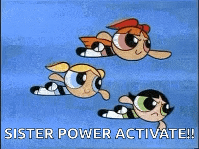 The Powerpuff Girls Are Flying Through The Air With The Words `` Sister Power Activate ! '' GIF