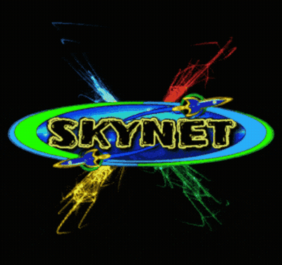 The Skynet Logo Is Surrounded By Colorful Lines GIF