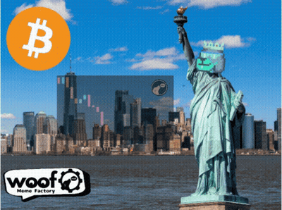 The Statue Of Liberty Has A Crown On Her Head And A Bitcoin Sign In The Background GIF