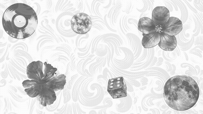 The Word Atlas Is On A White Background With Flowers Dice And A Record GIF