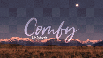 The Word Comfy Is On A Sunset Background GIF