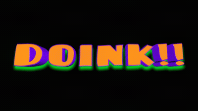 The Word Doink Is Displayed In Orange And Purple On A Black Background GIF