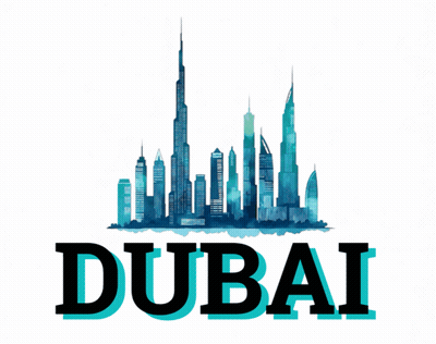 The Word Dubai Is On A White Background With A City Skyline GIF