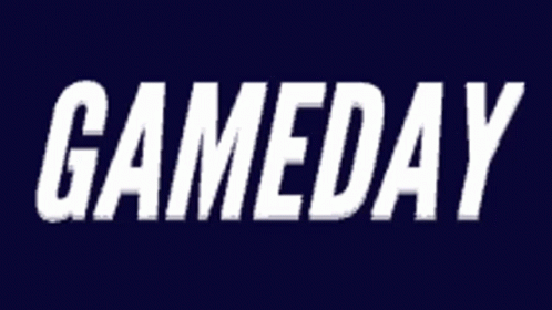 The Word Gameday Is Written In Black Letters On A White Background . GIF