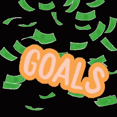 The Word Goals Is Surrounded By Money Falling From The Sky . GIF