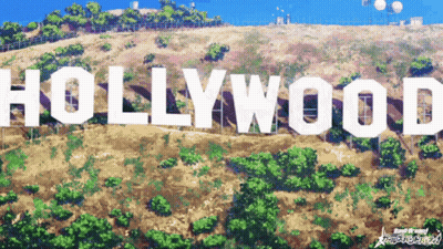 The Word Hollywood Is On A Hill With Trees In The Background GIF