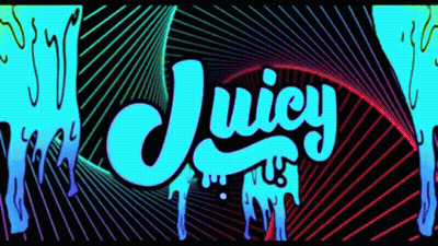 The Word Juicy Is On A Colorful Background With Lines GIF