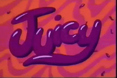 The Word Juicy Is Written In Purple On A Red And Pink Background . GIF