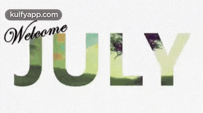 The Word July Is On A White Background With Fireworks Behind It GIF
