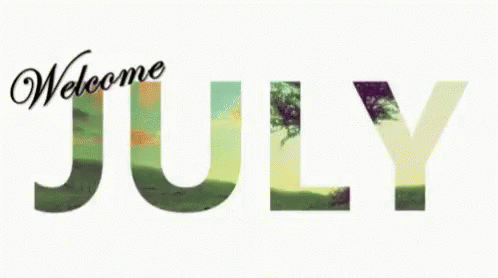 The Word July Is Surrounded By Fireworks And Says Welcome July GIF