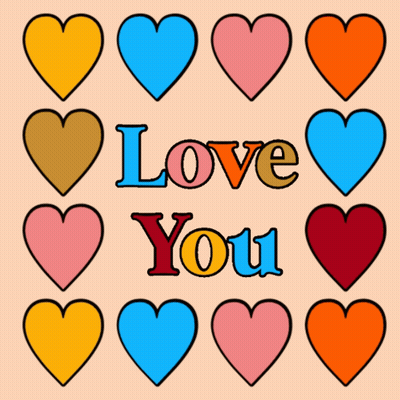 The Word Love Is Surrounded By Colorful Hearts On A Pink Background GIF