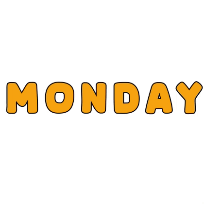 The Word Monday Is Written In Red And Yellow On A White Background GIF