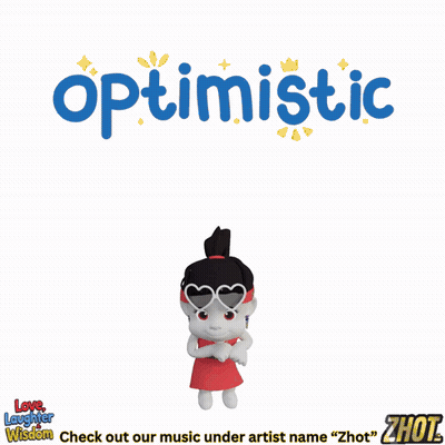 The Word Optimistic Is On A White Background With A Cartoon Character Wearing Sunglasses GIF