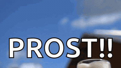 The Word Prost Is On A Blue Background With A Glass Of Beer In The Foreground GIF