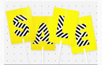 The Word Sale Is Written In Black And White Stripes On Yellow Cards GIF