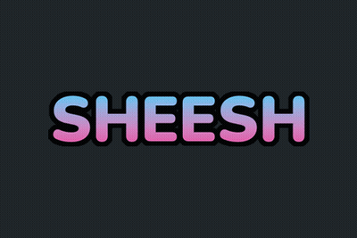 The Word Sheesh Is Written In Pink And Blue On A Dark Background GIF