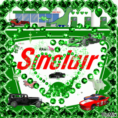 The Word Sinclair Is On A Green Background With A Dinosaur GIF