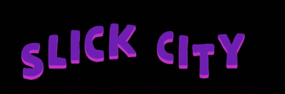 The Word Slick City Is Written In Purple Letters On A Black Background GIF