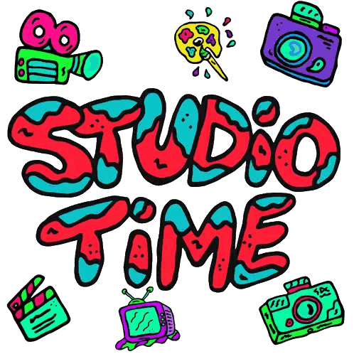 The Word Studio Time Is Surrounded By Colorful Icons On A White Background Sticker