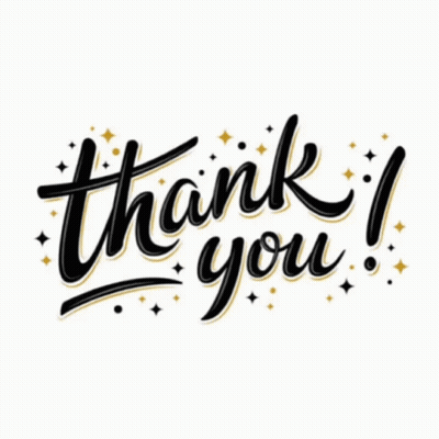 The Word Thank You Is Written In Black And Gold On A White Background With Stars . GIF