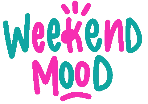 The Word Weekend Mood Is Written In Pink And Blue Sticker