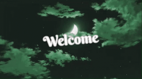 The Word Welcome Is Written In White Letters On A Green Background With A Crescent Moon In The Background . GIF