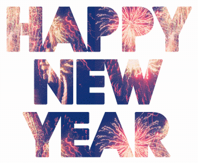 The Words Happy New Year Are Surrounded By Fireworks On A White Background GIF