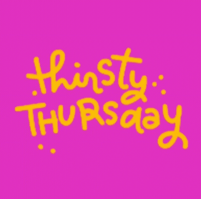 The Words Thirsty Thursday Are Yellow On A Pink Background . GIF