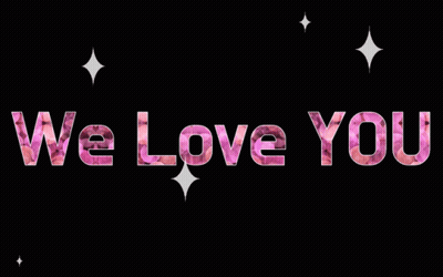 The Words We Love You Are Surrounded By Pink Flowers On A Black Background GIF
