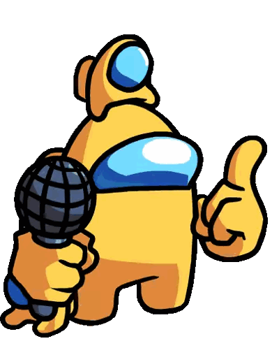 The Yellow Among Us Character Is Holding A Microphone And Giving A Thumbs Up . Sticker