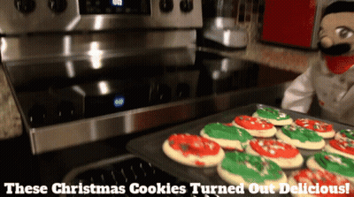 These Christmas Cookies Turned Out Delicious Written Above A Tray Of Cookies GIF