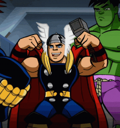 Thor Holding Hammer Surrounded By Superheroes GIF