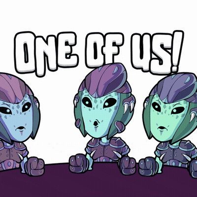 Three Aliens Sitting At Table One Of Us GIF