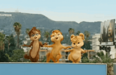 Three Alvin And The Chipmunks Dancing In Front Of Hollywood Sign GIF