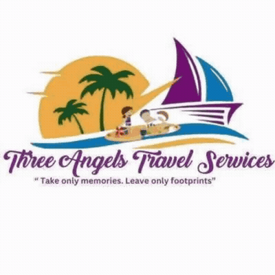 Three Angels Travel Services Logo With Sailboat And Palm Trees GIF