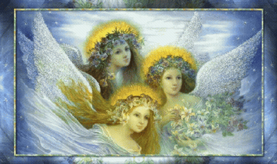 Three Angels With Flowers In Hair GIF