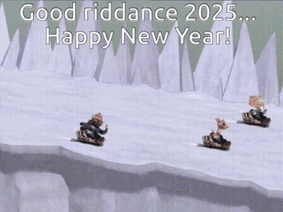 Three Animals Sledding Good Riddance 2025 Happy New Year GIF