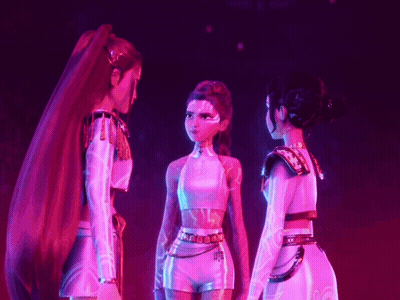 Three Animated Girls Are Standing Next To Each Other In A Purple Light GIF