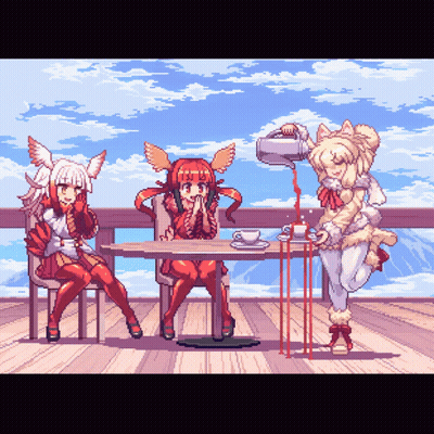 Three Anime Characters And Cat Pouring Coffee GIF