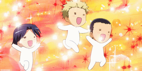 Three Anime Characters Are Jumping In The Air With Their Mouths Open GIF