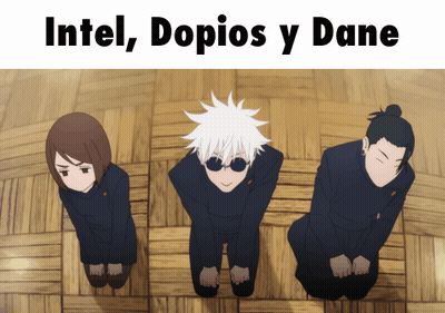 Three Anime Characters Are Kneeling Down With The Words Intel Dopios Y Dane Written Above Them GIF