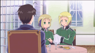 Three Anime Characters Are Sitting At A Table With Plates Of Food And Glasses Of Wine GIF