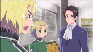 Three Anime Characters Are Standing In Front Of A Fridge GIF